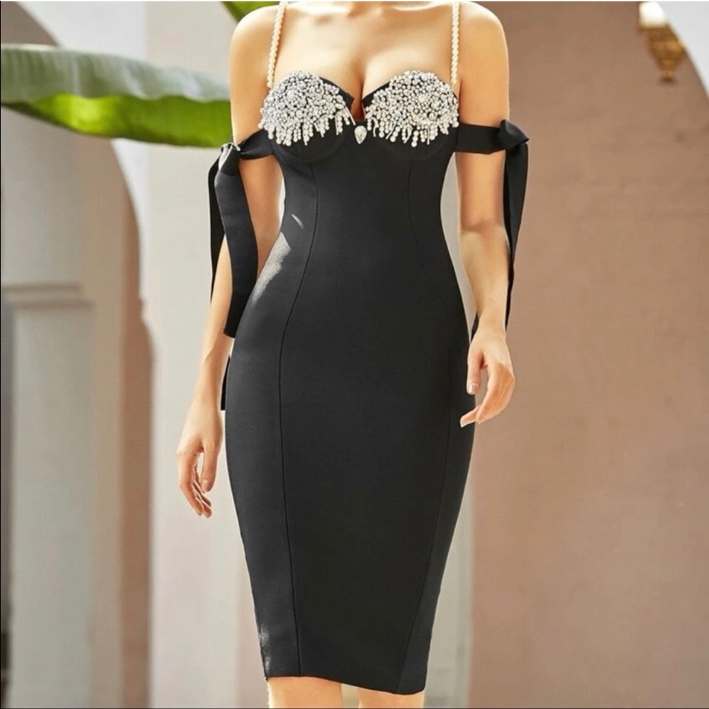 Black Strapless Midi Dress with Crystal-Embellished Bust